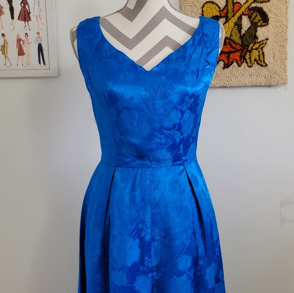 Vintage Blue Floral Satin Formal Dress - Picture 2 of 6